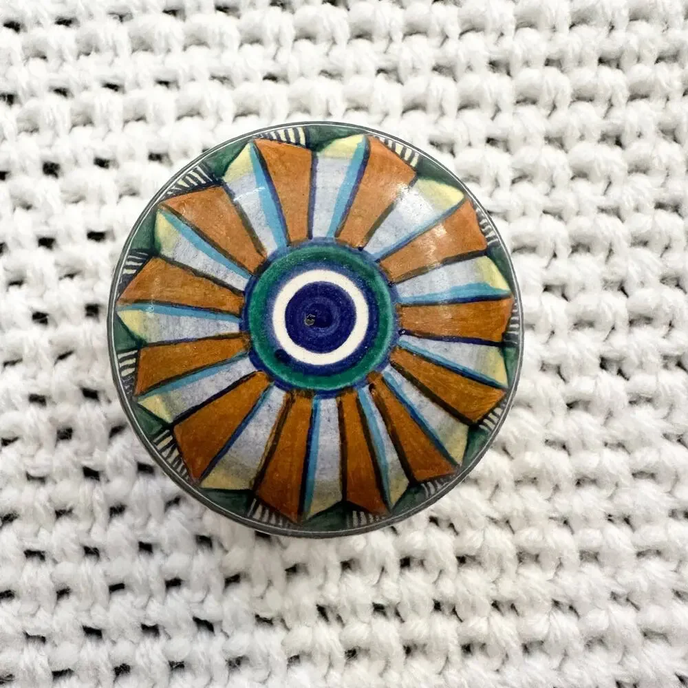 Deruta Signed Miniature Ceramic Sunburst Starburst Lidded Trinket Round Box